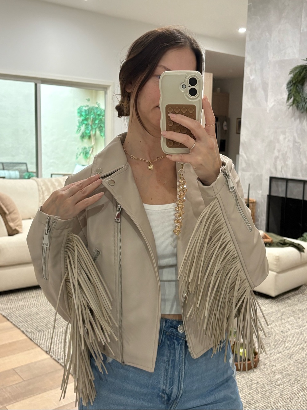 Copperose Taupe Faux Leather Fringe Moto Jacket Western Boho M